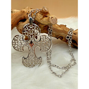 Crown Trifari Silver Filigree Cross Pendant Necklace